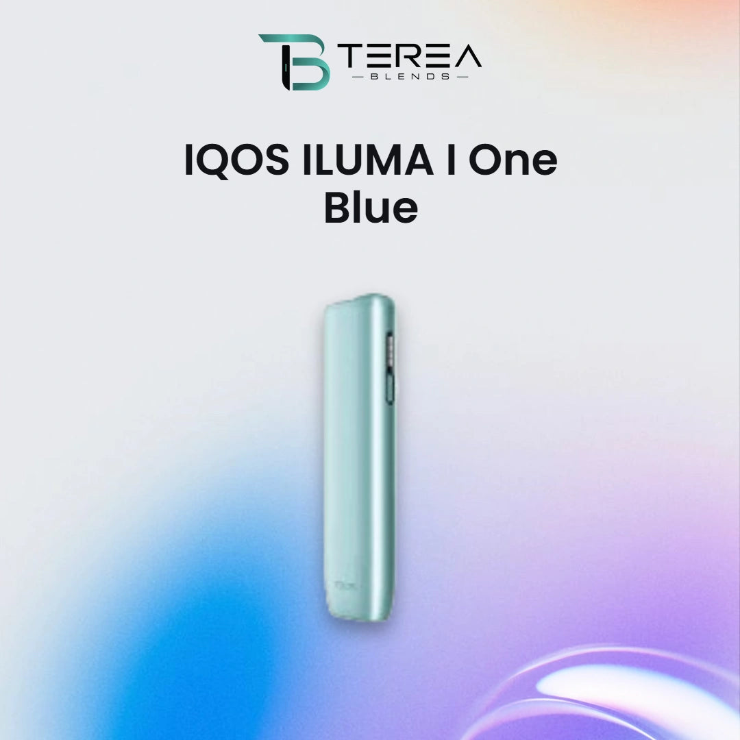 A light blue IQOS ILUMA ONE disposable vape device shown vertically against a white background with a soft blue and purple gradient at the bottom. The brand logo 'TEREA BLENDS' is visible at the top, along with the text 'IQOS ILUMA I One Blue'.