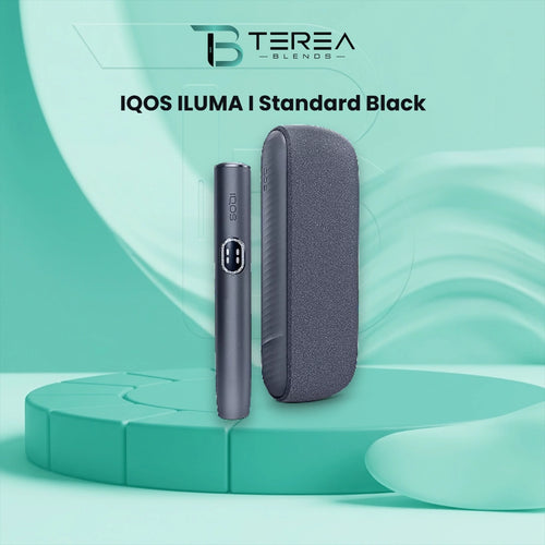 IQOS ILUMA i Standard Midnight Black device and charging case with touch screen display