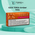 IQOS TEREA Amber Italy pack displayed with individual tobacco sticks, highlighting its rich toasted tobacco character and woody, nutty flavor notes