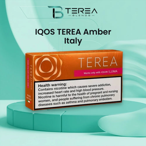IQOS TEREA Amber Italy pack displayed with individual tobacco sticks, highlighting its rich toasted tobacco character and woody, nutty flavor notes