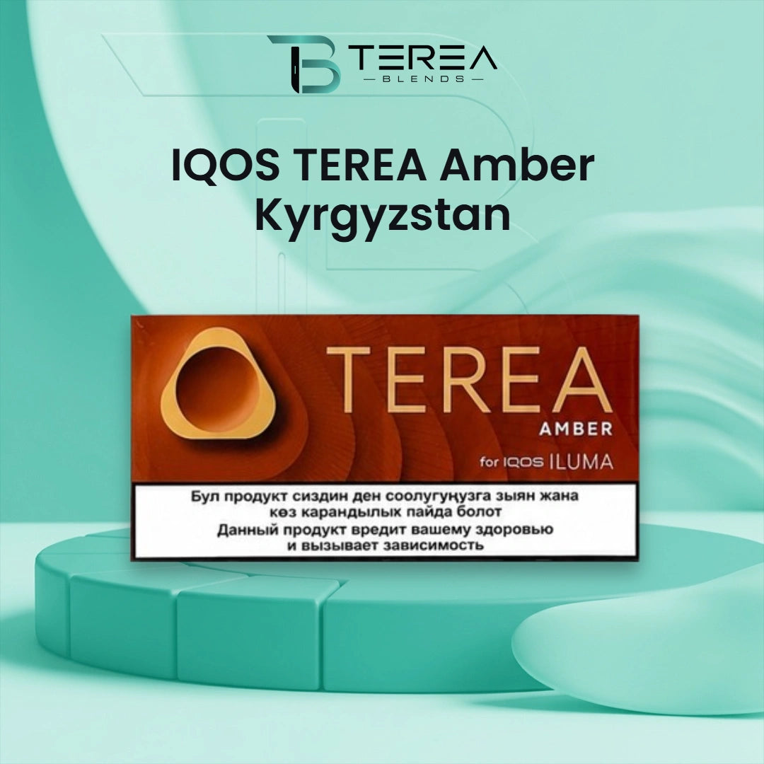 IQOS TEREA Amber Kyrgyzstan pack with individual tobacco sticks showcasing its toasted tobacco, woody, and nutty flavor profile