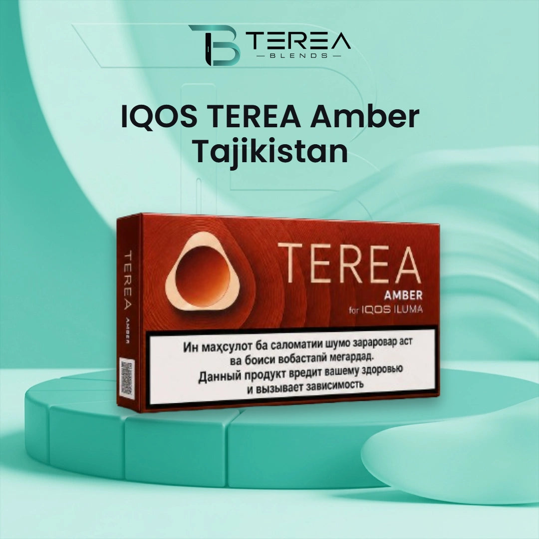 IQOS TEREA Amber Tajikistan pack with individual tobacco sticks, highlighting its smooth tobacco profile with subtle woody and nutty notes