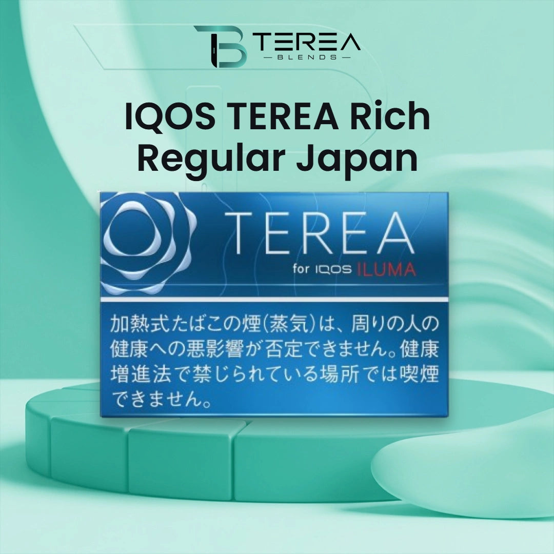 Japanese IQOS TEREA Rich Regular heatsticks displayed with their original retail packaging, highlighting the rich tobacco character of this edition