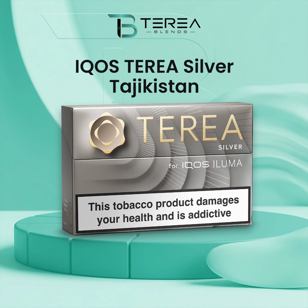 IQOS TEREA Silver Tajikistan pack with individual tobacco sticks, showcasing its toasted tobacco profile with subtle spicy herbal notes