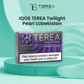 A box of Terea Twilight Pearl Uzbekistan tobacco product displayed on a teal studio background with the brand name Terea Blends at the top and a health warning label on the front of the package.