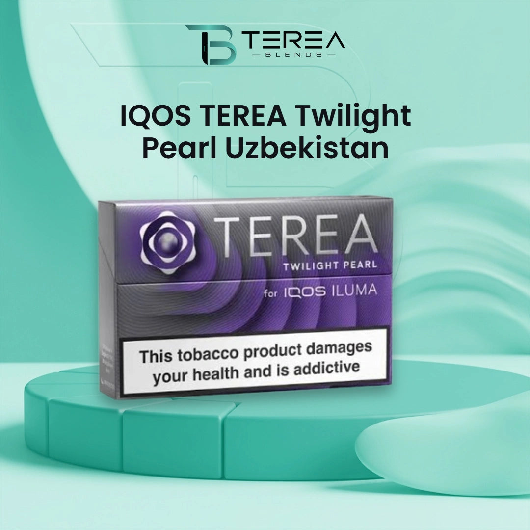 A box of Terea Twilight Pearl Uzbekistan tobacco product displayed on a teal studio background with the brand name Terea Blends at the top and a health warning label on the front of the package.